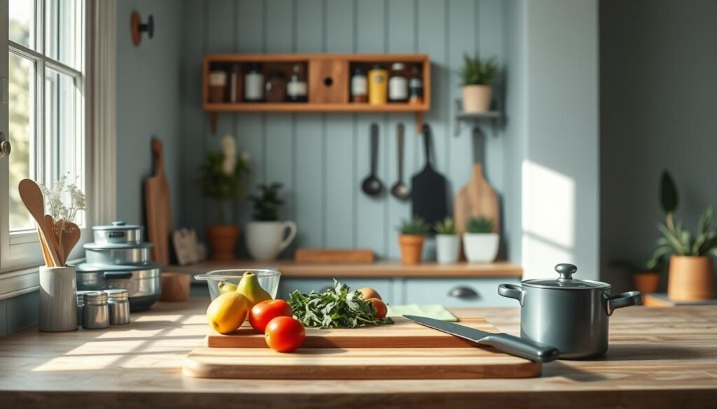 A cozy, minimalist kitchen with light blue accents and wooden textures. In the foreground, a neatly organized counter showcases a set of meal prep containers, measuring cups, and cooking utensils. The middle ground features a large cutting board with fresh produce, herbs, and a sharp chef's knife. Soft, natural lighting from a large window illuminates the scene, casting warm shadows and highlighting the textures. In the background, a simple wall-mounted spice rack and a few potted plants create a calm, inviting atmosphere, perfect for an expert batch cooking session.