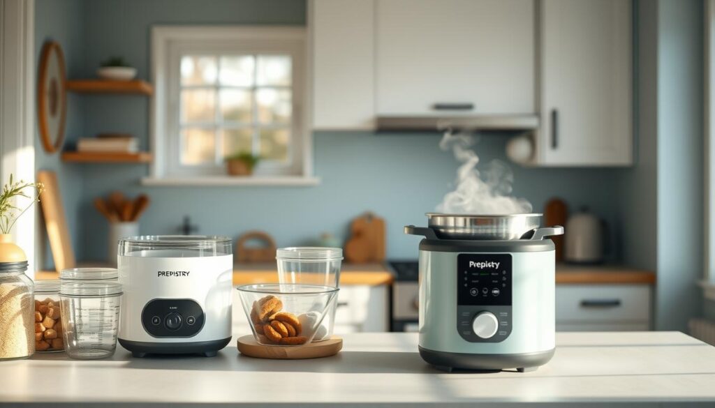 A cozy, minimalist kitchen with light blue accents and wooden textures. In the foreground, a Prepistry-branded counter-top appliance neatly arranged with glass containers, measuring cups, and cooking utensils, conveying efficient batch cooking methods. In the middle ground, a large, stainless steel pot simmers on the stovetop, steam rising gently. The background features clean, white cabinetry and a large window, allowing natural light to flood the space, creating a warm, inviting atmosphere. The scene captures the balance of time and temperature required for safe, nutritious meal preparation.