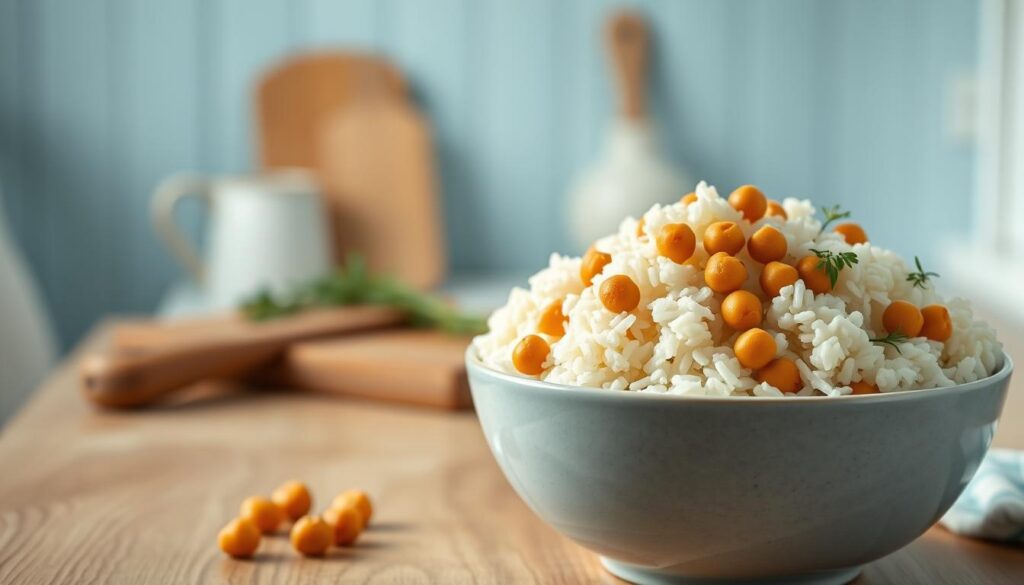 A cozy, minimalist kitchen with light blue accents and wooden textures. In the foreground, a bowl filled with fluffy, pearl-like cauliflower rice, interspersed with vibrant chickpeas. The midground features a wooden cutting board, complemented by a few fresh sprigs of herbs. The background showcases a clean, uncluttered space, allowing the simple yet flavorful ingredients to take center stage. The lighting is soft and natural, highlighting the earthy tones and creating a calming, inviting atmosphere. This scene captures the essence of a creative, nourishing office meal prep, ready to inspire new flavor combinations.