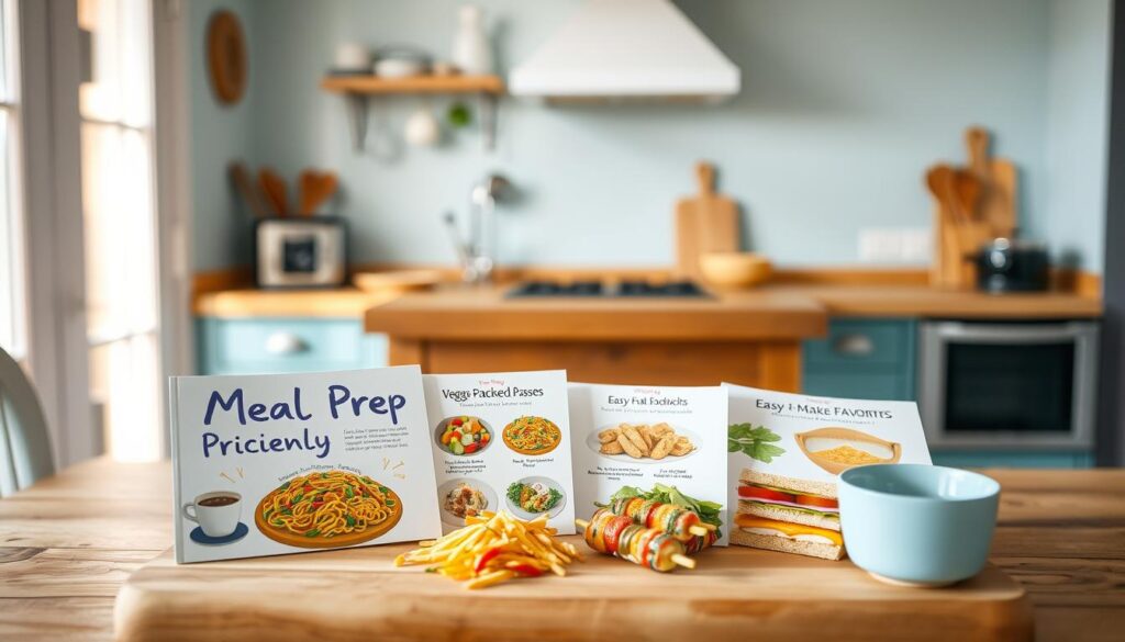 A cozy, minimalist kitchen with light blue accents and wooden textures. In the foreground, a collection of kid-friendly recipes arranged on a wooden cutting board, featuring brightly colored illustrations of simple, wholesome dishes like veggie-packed pasta, colorful fruit skewers, and easy-to-make sandwiches. The recipes are presented in a visually appealing, handwritten-style font, evoking a homemade, family-friendly atmosphere. The middle ground shows a few basic kitchen tools and appliances, while the background remains softly blurred, creating a warm, inviting scene that captures the essence of 