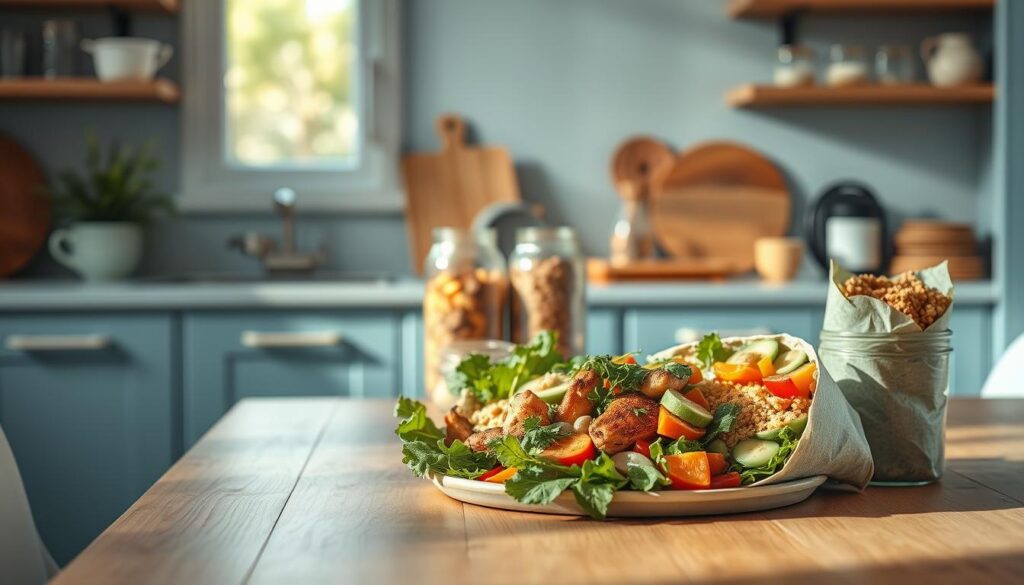 A cozy, minimalist kitchen with light blue accents and wooden textures. In the foreground, an array of balanced office meals arranged neatly on a wooden table - a salad with leafy greens, grilled chicken, and colorful vegetables, a quinoa bowl with roasted sweet potatoes, avocado, and fresh herbs, a protein-packed wrap with hummus, cucumbers, and bell peppers. In the middle ground, glass jars filled with healthy snacks like trail mix and overnight oats. The lighting is soft and natural, creating a soothing, productive atmosphere. No hands or people are visible, allowing the focus to remain on the carefully prepared, nutritious meals that support work productivity.