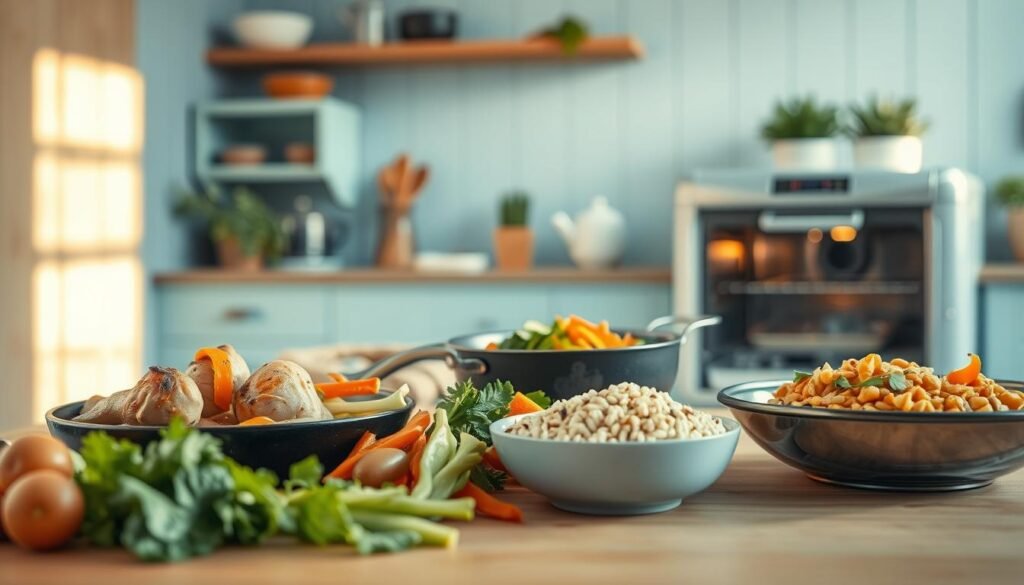A cozy, minimalist kitchen with light blue accents and wooden textures. In the foreground, an array of diverse ingredients - juicy chicken, crisp vegetables, tender grains - are being reheated using various methods: a sizzling pan, a gentle steamer, and a convection oven. Warm, natural lighting bathes the scene, creating a welcoming atmosphere. The camera angle captures the process from an eye-level perspective, highlighting the care and attention given to each ingredient. No hands are visible, allowing the focus to remain on the reheating techniques and the harmonious interplay of textures and flavors.