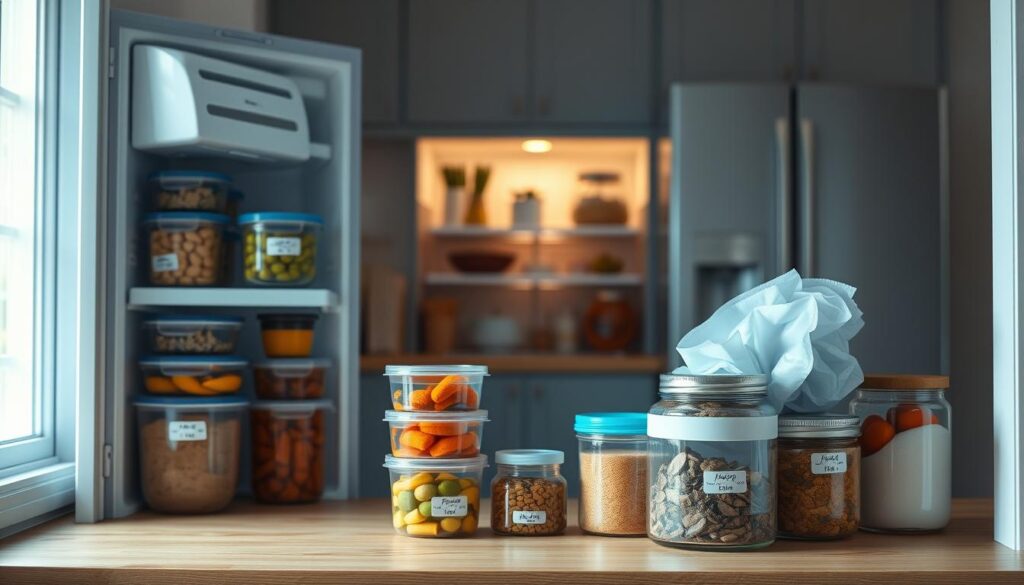 A cozy, minimalist kitchen with light blue accents and wooden textures. In the foreground, an open freezer reveals meticulously organized food containers, each labeled with the contents and dates. In the middle ground, the counter hosts a variety of reusable, airtight storage solutions, including glass jars and silicone bags. The background showcases a sleek, energy-efficient freezer, its interior illuminated by soft, indirect lighting. The scene conveys an atmosphere of efficiency, organization, and attention to food preservation best practices.