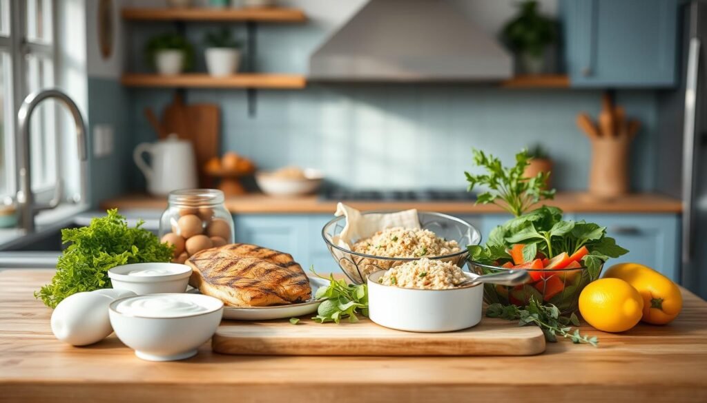 A cozy, minimalist kitchen with light blue accents and wooden textures. Neatly arranged on a wooden countertop are various high-protein meal prep ideas - grilled chicken breasts, hard-boiled eggs, Greek yogurt, quinoa salad, and a variety of fresh vegetables and herbs. The lighting is soft and natural, creating a warm, inviting atmosphere. The focus is on the wholesome, nutrient-dense ingredients, conveying a sense of energy and health. No hands are visible, allowing the food to take center stage and inspire the viewer to create their own energizing, low-carb lunch options.
