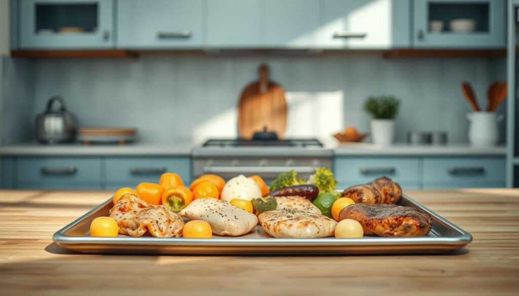 A cozy, minimalist kitchen with light blue accents and wooden textures. On a pristine sheet pan, various vegetables and proteins are arranged, each carefully positioned to achieve optimal roasting temperatures. Soft, natural lighting illuminates the scene, casting gentle shadows that highlight the textures and colors of the ingredients. The overall atmosphere is one of culinary precision and balance, reflecting the importance of understanding cooking times and temperatures for achieving fitness goals.