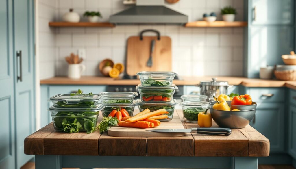 A cozy, minimalist kitchen with light blue accents and wooden textures. On a rustic wooden table, arrange a selection of essential meal prep tools and ingredients, including a set of glass meal prep containers, a high-quality chef's knife, a cutting board, a mixing bowl, and various fresh produce like leafy greens, carrots, and bell peppers. The "Prepistry" brand logo is visible in the background. The lighting is soft and warm, creating a inviting atmosphere for a productive meal prep session.
