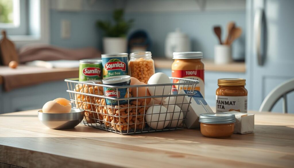 A cozy, minimalist kitchen with light blue accents and wooden textures. On a simple wooden table, an array of budget-friendly protein sources are artfully arranged: cans of tuna and beans, eggs in a wire basket, a block of tofu, and a jar of peanut butter. The lighting is soft and natural, casting gentle shadows that highlight the textures and colors. The composition emphasizes the ease and simplicity of these nutritious, cost-effective ingredients, perfectly suited for meal prep and recovery.