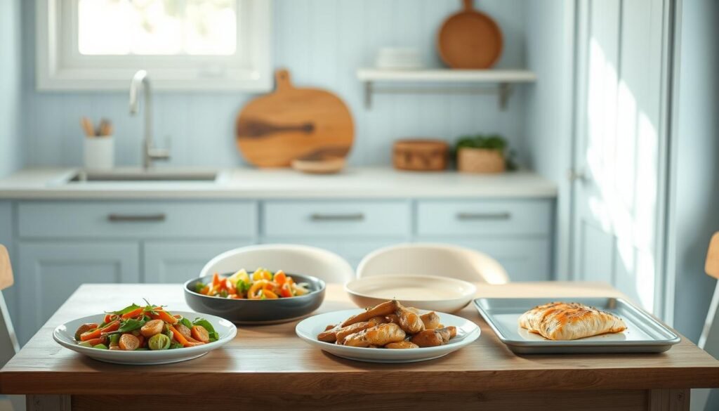 A cozy, minimalist kitchen with light blue accents and wooden textures. On a simple wooden table, an assortment of one-pan weeknight recipes is arranged, including a stir-fry with fresh vegetables, a hearty skillet chicken dish, and a sheet-pan roasted salmon. Soft, natural lighting illuminates the scene, casting a warm glow on the dishes. The overall atmosphere is calming and inviting, perfect for a busy weeknight meal.