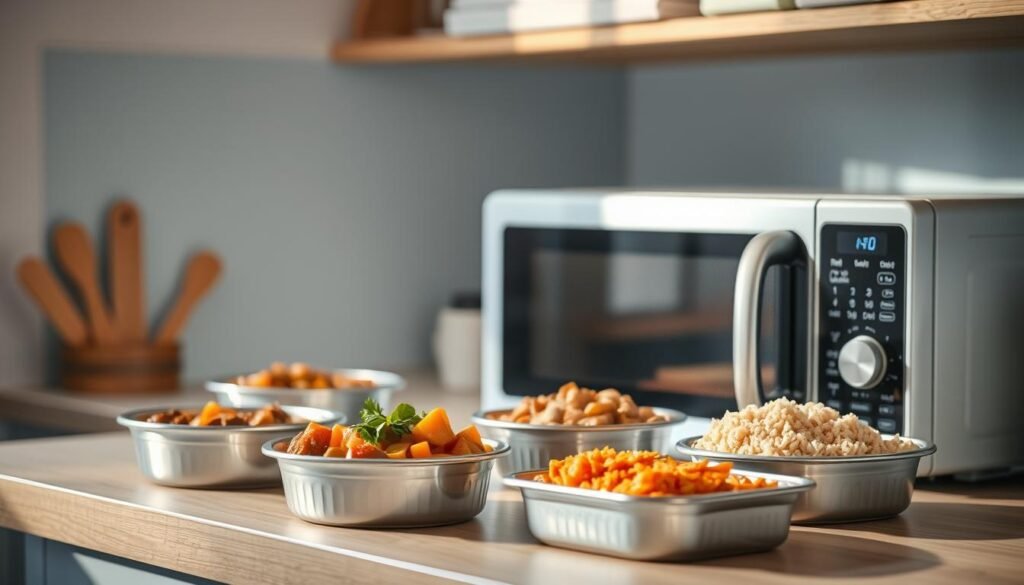 A cozy, minimalist kitchen with light blue accents and wooden textures. On the counter, a selection of time-saving microwave meals - metal containers filled with hearty stews, colorful veggie medleys, and protein-packed rice dishes. Soft, natural lighting illuminates the scene, casting a warm, inviting glow. The microwave stands ready, its display panel glowing, beckoning for a quick, efficient reheating. This image captures the essence of practical, hassle-free meal prep, empowering busy professionals to save time and avoid burnout.