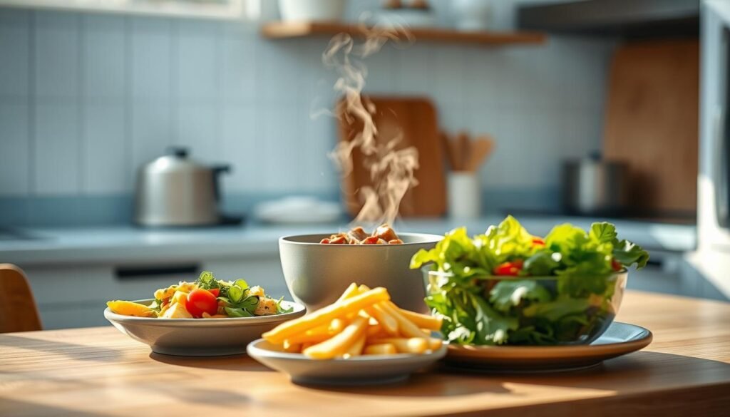 A cozy, minimalist kitchen with light blue accents and wooden textures. On the counter, a variety of balanced meal options - a steaming hot bowl of hearty stew, a fresh salad with vibrant vegetables, and a side of crisp, golden fries. The lighting is warm and inviting, casting a soft glow over the scene. The composition is clean and well-balanced, highlighting the contrast between the hot and cold dishes, inviting the viewer to imagine the satisfying, texture-rich experience of this balanced office meal.