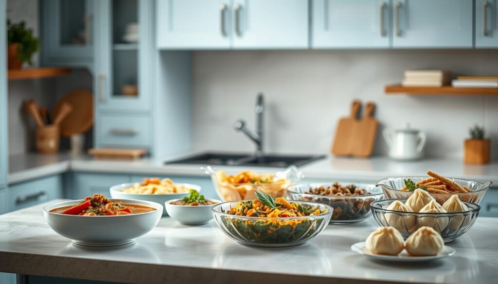 A cozy, minimalist kitchen with light blue accents and wooden textures. On the counter, a variety of freezer-friendly global dishes, their flavors frozen in time: steaming hot curry, savory empanadas, hearty stews, and fragrant dumplings. The scene is illuminated by soft, natural lighting, creating a warm and inviting atmosphere. The focus is on the diverse array of freezer-ready meals, showcasing the endless possibilities for delicious, convenient, and globally-inspired dinner options.