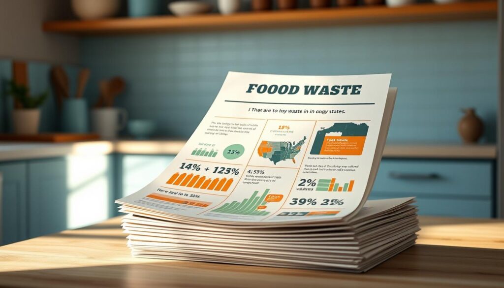 A cozy, minimalist kitchen with light blue accents and wooden textures. On the counter, a stack of infographic papers showcasing stark statistics on food waste in the United States - percentages, volumes, and the environmental impact. The papers are backlit by soft, diffused lighting, casting subtle shadows and highlighting the data visualization. The overall atmosphere is one of thoughtfulness and a call to action, inviting the viewer to consider their own role in addressing this pressing issue.