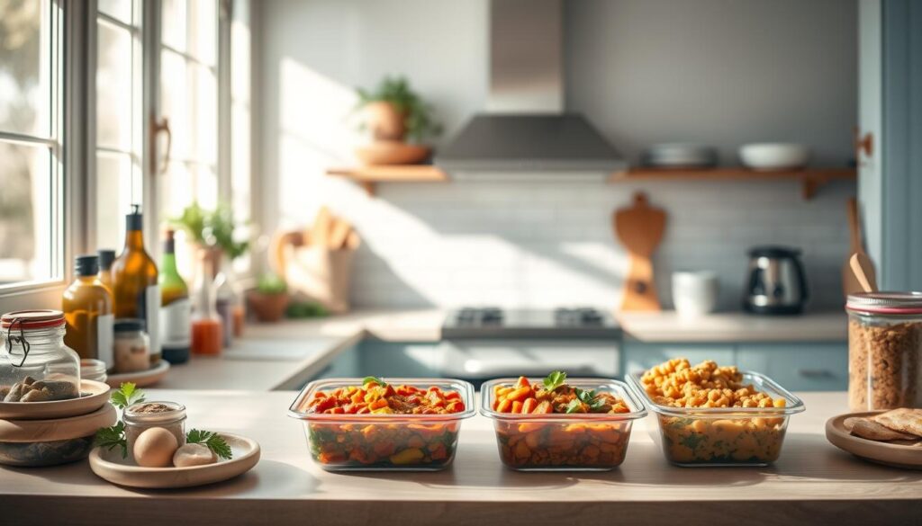 A cozy, minimalist kitchen with light blue accents and wooden textures. On the counter, an assortment of spices, herbs, and sauces arranged artfully, hinting at the global flavors to come. In the center, a set of tightly-sealed meal prep containers, each holding a vibrant, aromatic curry dish - from fragrant coconut-based Thai green to richly-spiced Indian masala. Sunlight streams in through large windows, casting a warm, inviting glow over the scene. The overall mood is one of culinary inspiration and international flair, perfectly capturing the essence of 