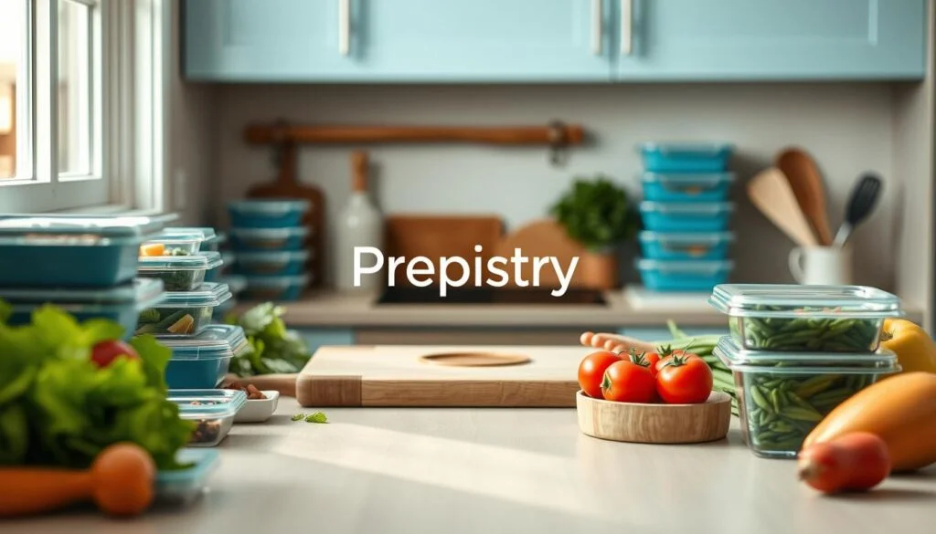 A cozy, minimalist kitchen with light blue accents and wooden textures. On the counter, an assortment of meal prep containers, a cutting board, and various fresh ingredients. In the center, the "Prepistry" brand logo is prominently displayed. The composition highlights the time, money, and nutritional benefits of batch cooking, creating a warm, inviting atmosphere that showcases the practicality and efficiency of this meal prepping approach.