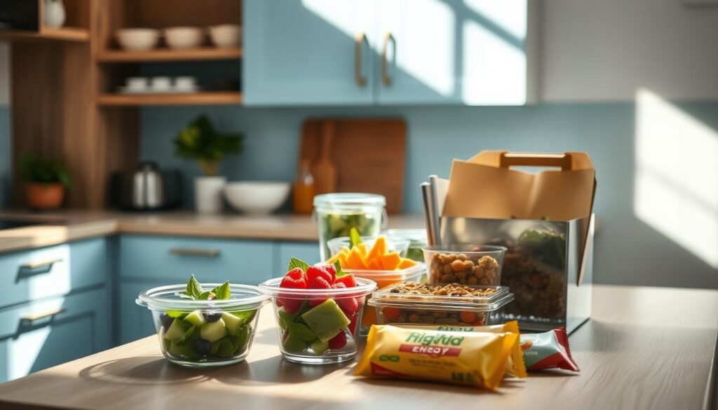 A cozy, minimalist kitchen with light blue accents and wooden textures. On the counter, an assortment of grab-and-go meal solutions - freshly prepared salads in sleek glass containers, colorful fruit cups, and energy bars neatly arranged. A ray of soft, natural light illuminates the scene, creating a warm and inviting atmosphere. The camera angles capture the effortless convenience of these nutritious, portable meal options, perfect for busy days when time is of the essence.