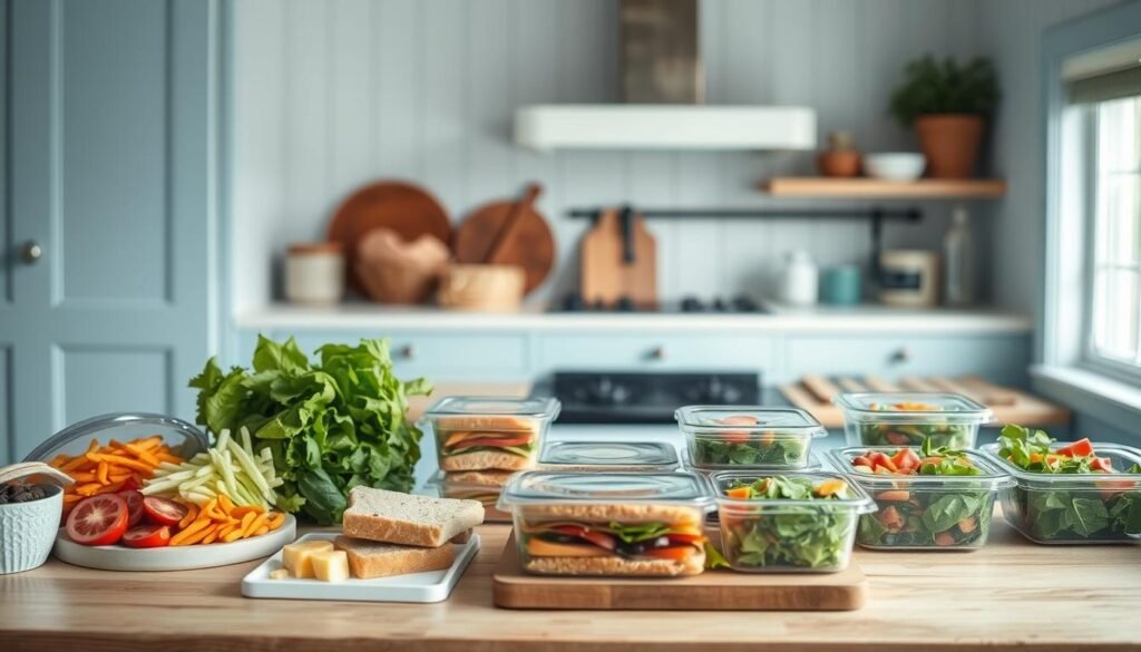 A cozy, minimalist kitchen with light blue accents and wooden textures. On the counter, an array of budget-friendly cold lunch items - freshly sliced vegetables, hearty sandwiches, crisp salads, and neatly packed containers. The lighting is soft and natural, creating a welcoming atmosphere. The camera angle captures the scene from a slightly elevated perspective, highlighting the simplicity and practicality of these everyday, cost-effective meal options. The overall mood is one of calm, efficiency, and a touch of rustic charm, perfectly reflecting the "Budget-Friendly Cold Lunch Recipes for Every Day" theme.