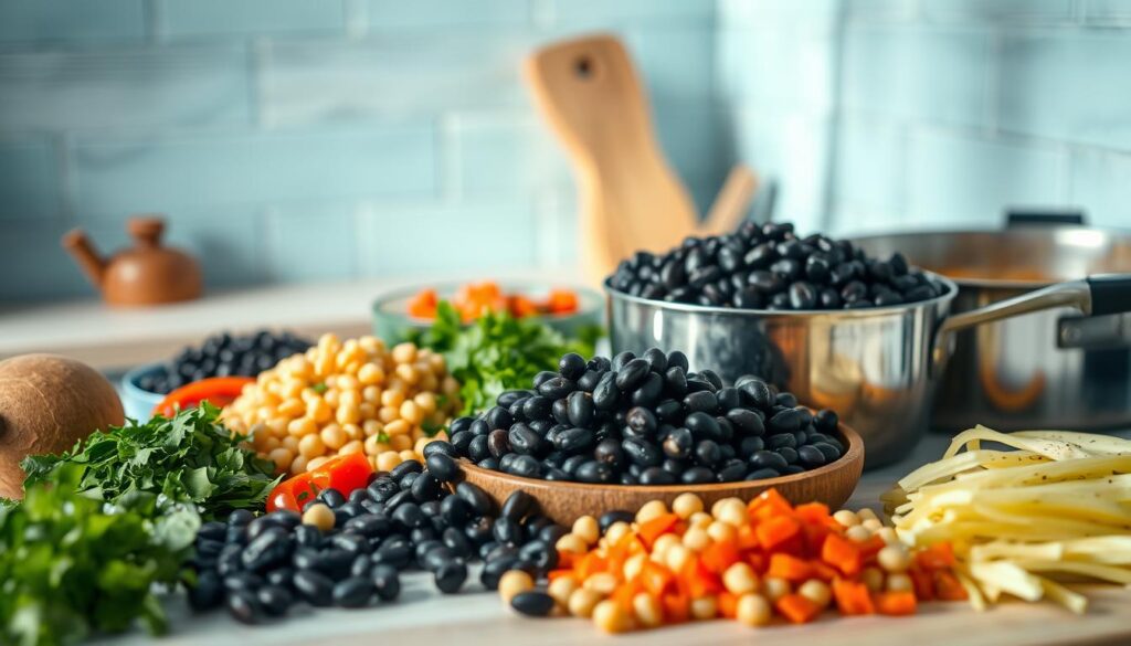 A cozy, minimalist kitchen with light blue accents and wooden textures. On the counter, an assortment of black beans and chickpeas in various stages of preparation - some whole, some mashed, others simmering in a saucepan. Chopped vegetables, herbs, and seasonings create a vibrant, appetizing scene. Soft, natural lighting illuminates the scene, casting a warm glow and emphasizing the textures of the ingredients. The composition is clean and balanced, inviting the viewer to imagine the delicious, protein-rich vegetarian recipes that could be crafted from these wholesome components.
