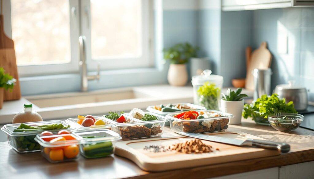 A cozy, minimalist kitchen with light blue accents and wooden textures. On the counter, an assortment of leftover containers and ingredients - fresh vegetables, cooked meats, and various herbs and spices. A cutting board and chef's knife lie nearby, hinting at the transformation to come. Soft, natural lighting filters in through the window, casting a warm glow over the scene. The atmosphere is one of culinary creativity, as the viewer imagines the many delicious meals that can be crafted from these humble leftovers.