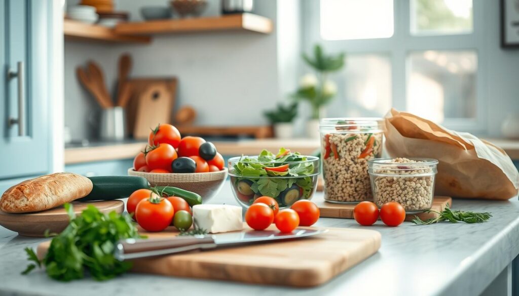 A cozy, minimalist kitchen with light blue accents and wooden textures. On the counter, an assortment of fresh Mediterranean ingredients arranged neatly: ripe tomatoes, cucumbers, olives, feta cheese, and a loaf of crusty bread. In the foreground, a cutting board with a knife and various herbs. Mid-frame, glass containers filled with pre-portioned salads and grains. In the background, natural light streams through the window, casting a warm glow over the scene. The overall atmosphere is calm and inviting, perfectly capturing the step-by-step preparation of a wholesome Mediterranean meal.