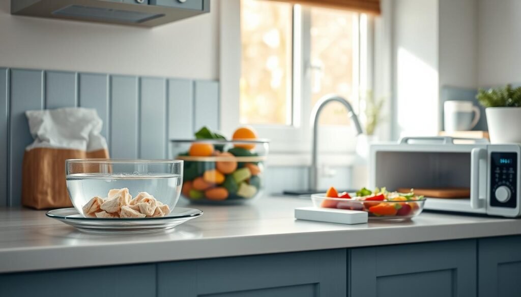 A cozy, minimalist kitchen with light blue accents and wooden textures. On the countertop, various safe thawing methods are displayed, including a plate of frozen food next to a bowl of cool water, a container of frozen items in the refrigerator, and a microwave-safe dish with thawed ingredients. The scene is well-lit, with natural light streaming in through a window, creating a warm and inviting atmosphere. The focus is on the different thawing techniques, showcasing the essential methods for ensuring food safety when batch cooking dinners.