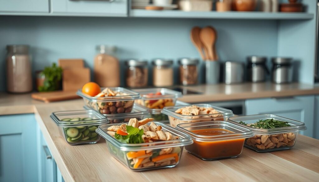 A cozy, minimalist kitchen with light blue accents and wooden textures. On the countertop, various meal prep containers are neatly arranged, filled with freshly chopped vegetables, grilled chicken, and flavorful dairy-free sauces. The lighting is soft and natural, illuminating the scene with a calming atmosphere. Glass jars containing dry ingredients and spices line the shelves, hinting at the nutritious, lactose-free meals to come. The overall composition suggests a well-organized, efficient approach to meal prepping for a busy lifestyle, reflecting the title 