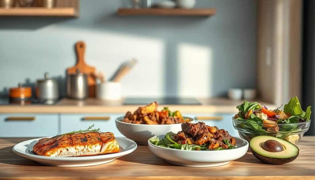 A cozy, minimalist kitchen with light blue accents and wooden textures. On the countertop, a selection of paleo-friendly dinner recipes is showcased, including grilled salmon with roasted vegetables, hearty beef stew, and a vibrant salad with mixed greens and avocado. The scene is bathed in warm, natural lighting, creating a welcoming and appetizing atmosphere. The arrangement is carefully styled, highlighting the fresh, whole food ingredients and the ease of prepping such meals for the office or home. No hands are visible, emphasizing the thoughtful presentation of these nourishing paleo dinner options.