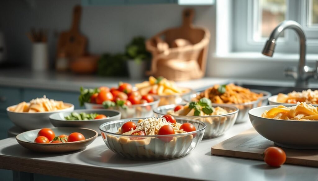 A cozy, minimalist kitchen with light blue accents and wooden textures. On the countertop, a selection of quick and easy pasta dishes, perfectly prepped for a busy week ahead. A variety of colorful ingredients, such as fresh herbs, cherry tomatoes, and grated parmesan, are neatly arranged, ready to be tossed into the pasta. The scene is bathed in soft, natural light, casting a warm glow and conveying a sense of effortless, homemade goodness. The overall composition creates an inviting and appetizing atmosphere, highlighting the simplicity and convenience of these quick pasta meal prep recipes.