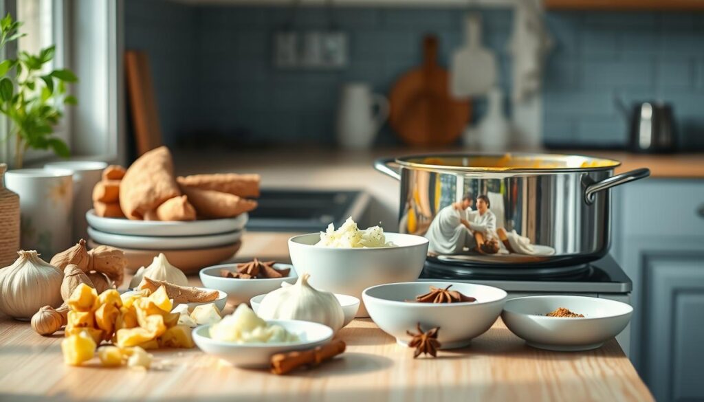 A cozy, minimalist kitchen with light blue accents and wooden textures. On the countertop, a set of white ceramic dishes showcases the step-by-step preparation of a delectable curry chicken meal. Freshly chopped aromatic ingredients like ginger, garlic, and onions sit alongside whole spices like cinnamon sticks, cardamom pods, and star anise. A simmering pot of golden-hued curry sauce bubbles gently, its aroma filling the air. In the background, the soft natural light from a window casts a warm glow, creating an inviting atmosphere perfect for this step-by-step guide to a comforting, homemade curry chicken meal prep.