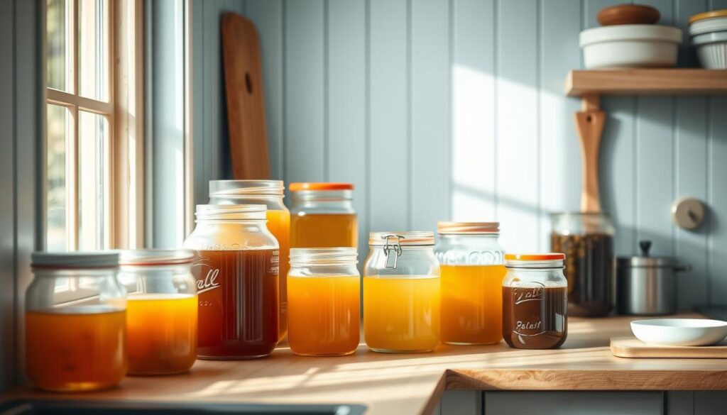A cozy, minimalist kitchen with light blue accents and wooden textures. On the countertop, a variety of glass jars and airtight containers neatly store homemade broths and stocks. The lighting is soft and diffused, highlighting the clean lines and practical organization of the space. The scene conveys a sense of order and efficiency, perfect for meal prep and time-saving storage solutions.