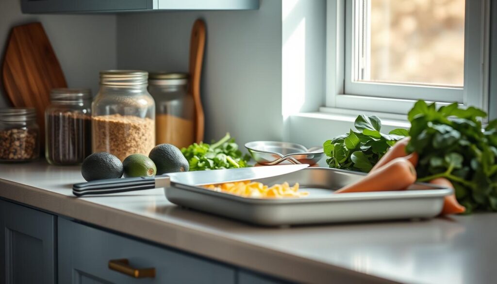 A cozy, minimalist kitchen with light blue accents and wooden textures. On the countertop, a carefully arranged collection of Whole30-compliant ingredients and tools. Gleaming glass jars filled with spices, a high-quality chef's knife, a large ceramic baking sheet, and an assortment of fresh produce like avocados, sweet potatoes, and leafy greens. The natural light filtering through the window casts a soft glow, emphasizing the simplicity and wholesome nature of these essential items for a Whole30-friendly sheet pan dinner.