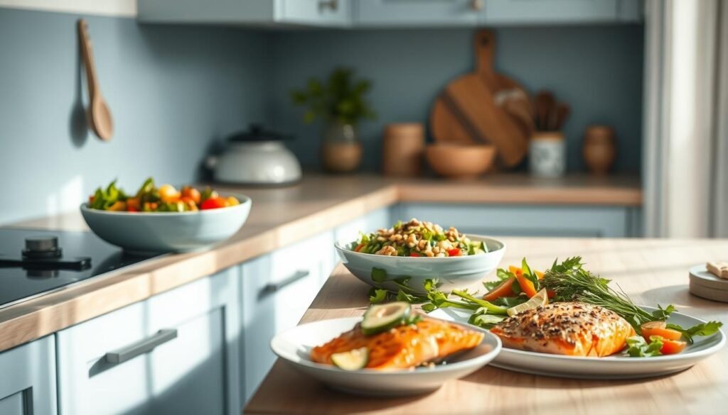 A cozy, minimalist kitchen with light blue accents and wooden textures. On the countertop, an array of cholesterol-friendly dinner dishes - a hearty vegetable stew, a crisp salad with avocado and nuts, and a plate of grilled salmon with roasted vegetables. The ingredients are fresh and vibrant, inviting the viewer to explore wholesome, heart-healthy meal options. Soft, natural lighting illuminates the scene, creating a calming, inviting atmosphere. The camera captures the scene from a slightly elevated angle, showcasing the carefully prepared dishes and the simple, clean aesthetics of the kitchen.