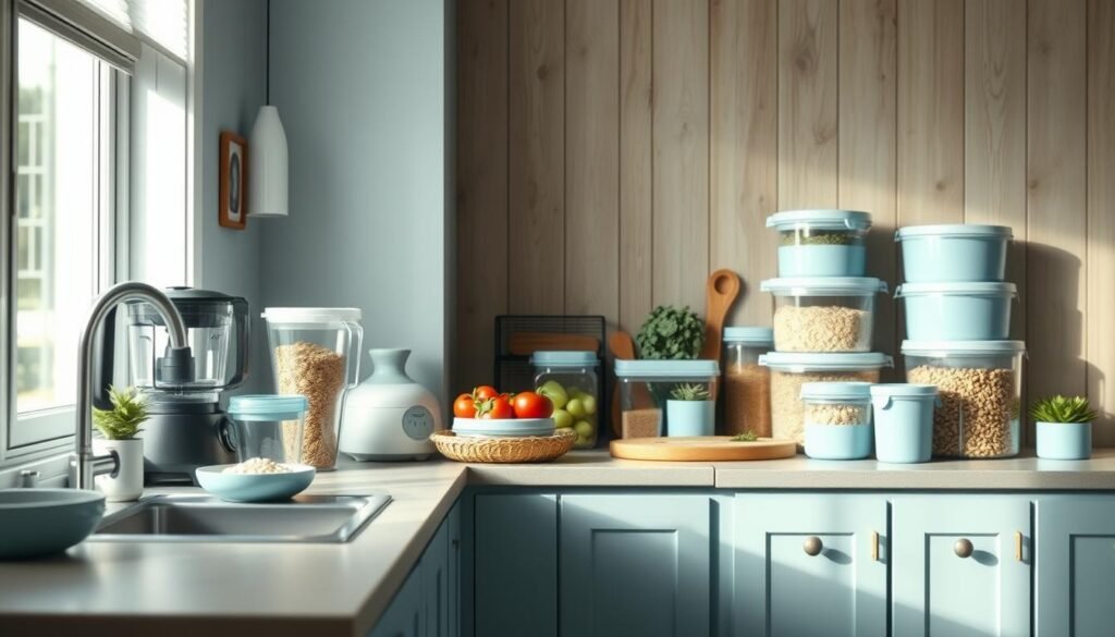 A cozy, minimalist kitchen with light blue accents and wooden textures. On the countertop, an array of meal prep tools and containers, including a food processor, blender, and reusable storage jars. Neatly organized spices, grains, and vegetables suggest a streamlined approach to meal preparation. The scene conveys a sense of efficiency and intentionality, with a focus on time-saving techniques that enable healthy eating on a busy schedule.