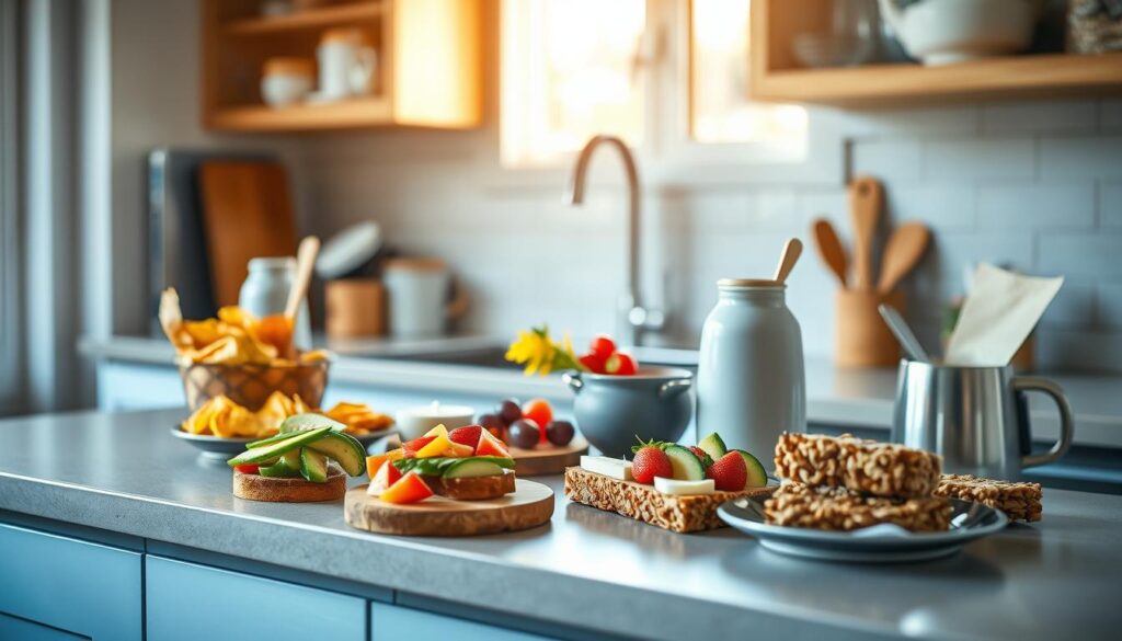 A cozy, minimalist kitchen with light blue accents and wooden textures. On the countertop, an array of dairy-free snacks and quick bites - crunchy veggie chips, creamy avocado toasts, vibrant fruit skewers, and nutty granola bars. The natural light filters in, casting a warm glow on the scene. The composition is balanced, with the snacks taking center stage, showcasing their vibrant colors and textures. The overall mood is inviting and appetizing, perfect for an article on office meal prep for the lactose intolerant.