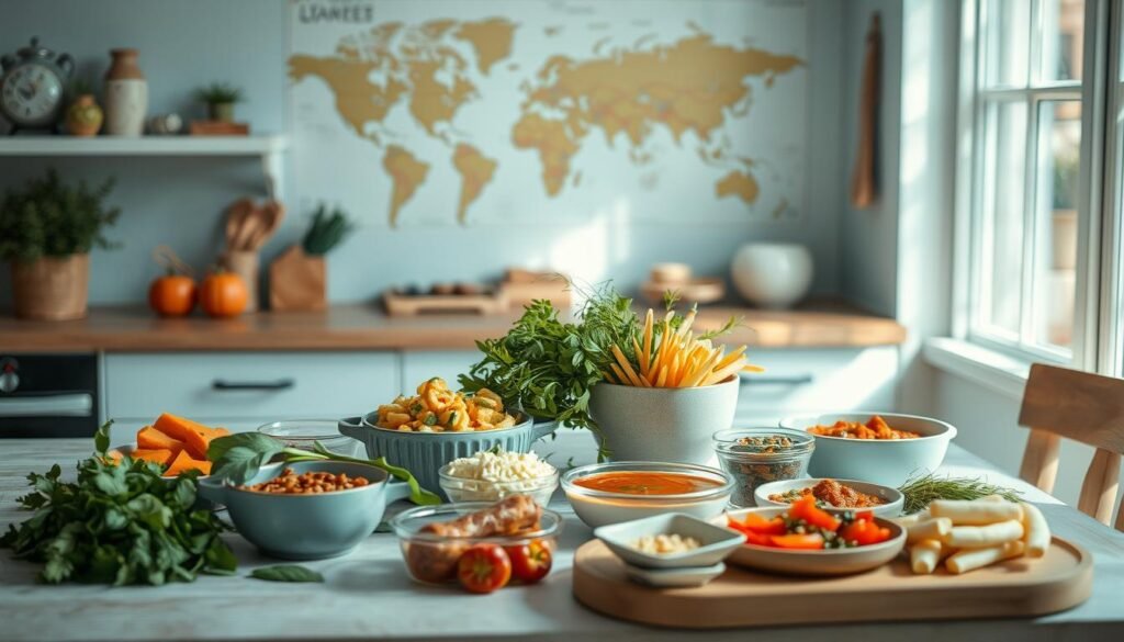 A cozy, minimalist kitchen with light blue accents and wooden textures. On the table, an array of diverse ingredients and dishes, each representing a different international cuisine - freshly chopped veggies, fragrant herbs, exotic spices, and vibrant dips or sauces. The lighting is warm and inviting, casting a soft glow across the scene. In the background, hints of world maps, travel trinkets, or other cultural references add to the global theme. The composition is balanced, with the various elements arranged in an artful, visually appealing manner, inspiring culinary creativity and a desire to explore new flavors from around the world.