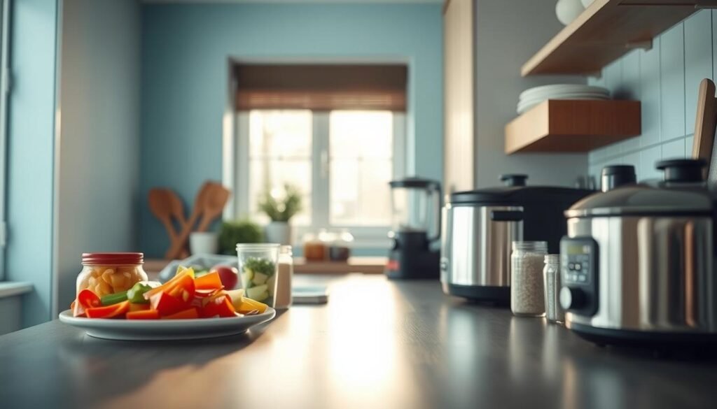 A cozy, minimalist kitchen with light blue accents and wooden textures. Various meal prep tools and ingredients are neatly arranged on the countertop, including chopped vegetables, jars of herbs and spices, a food processor, and a slow cooker. The lighting is warm and natural, illuminating the efficient, time-saving setup. Angled from a low perspective, the scene conveys a sense of organization and streamlined productivity, perfectly reflecting the 