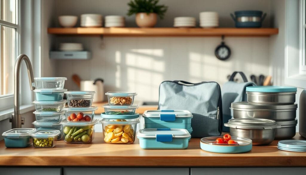 A cozy, minimalist kitchen with light blue accents features a variety of meal storage solutions. Sleek glass containers, bento-style lunch boxes, and insulated bags in various sizes occupy the wooden countertops. Efficient food prep tools like stackable steamer baskets and airtight lids sit nearby, ready to help with smart meal reheating. A sense of organization and convenience fills the space, inviting the viewer to imagine their own flavorful, well-prepped meals.