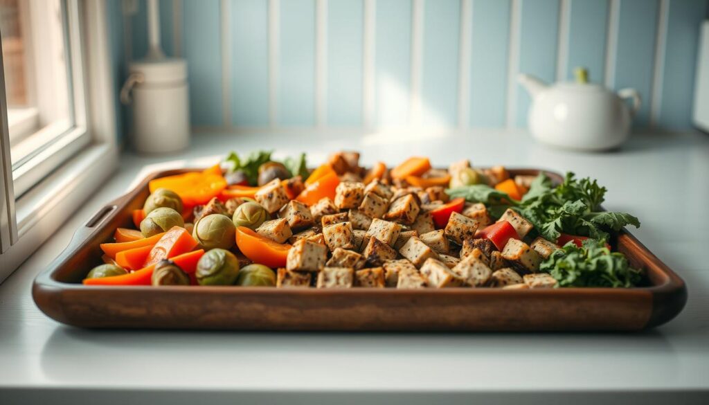 A cozy, minimalist kitchen with light blue accents features a wooden sheet pan filled with an array of vibrant, plant-based meal components. Fresh vegetables, such as roasted Brussels sprouts, sweet potatoes, and bell peppers, are neatly arranged, complemented by hearty meat substitutes like soy-based 