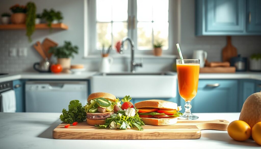 A cozy, minimalist kitchen with light blue accents features an artfully arranged spread of quick and easy lunch recipes. Freshly chopped vegetables, a crisp salad, a hearty sandwich, and a vibrant fruit smoothie are elegantly presented on a wooden cutting board. Soft, directional lighting from a large window highlights the textures and colors, creating a warm, inviting atmosphere. The composition is clean and uncluttered, allowing the delicious, nutritious dishes to take center stage as the perfect solutions for busy weekday lunches.