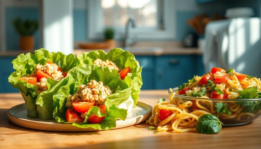 A cozy, minimalist kitchen with light blue accents provides the backdrop for an appetizing spread of tuna lettuce wraps and a fresh pasta salad. The tuna wraps, meticulously assembled with crisp lettuce leaves, juicy tomatoes, and flavorful tuna, invite a healthy, protein-rich bite. Alongside, a vibrant pasta salad overflows with colorful vegetables, tender pasta, and a zesty dressing, promising a satisfying and balanced meal. Soft, natural lighting casts a warm glow, highlighting the carefully curated arrangement on a wooden table, conveying a sense of simple elegance and nourishment.