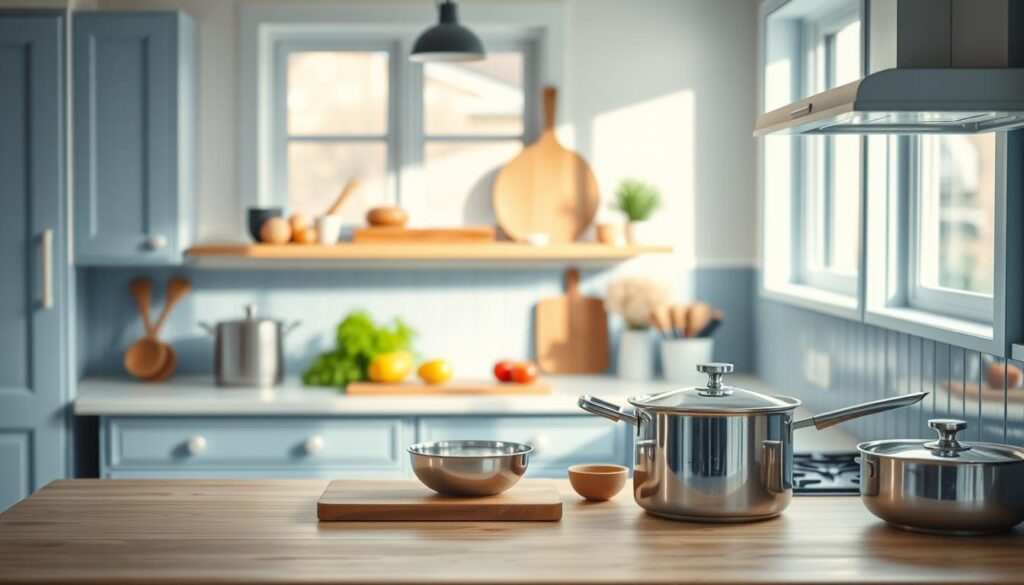 A cozy, minimalist kitchen with light blue accents serves as the backdrop for a step-by-step guide to making homemade sauces. Wooden textures, a clean countertop, and natural lighting create a warm, inviting atmosphere. Stainless steel cookware, a cutting board, and a few fresh ingredients set the stage for a hands-off demonstration of the sauce-making process. The camera captures the scene from an overhead angle, providing a clear, unobstructed view of the preparation area. This visually engaging guide will inspire home cooks to explore new flavor combinations and elevate their dinner meal prep.