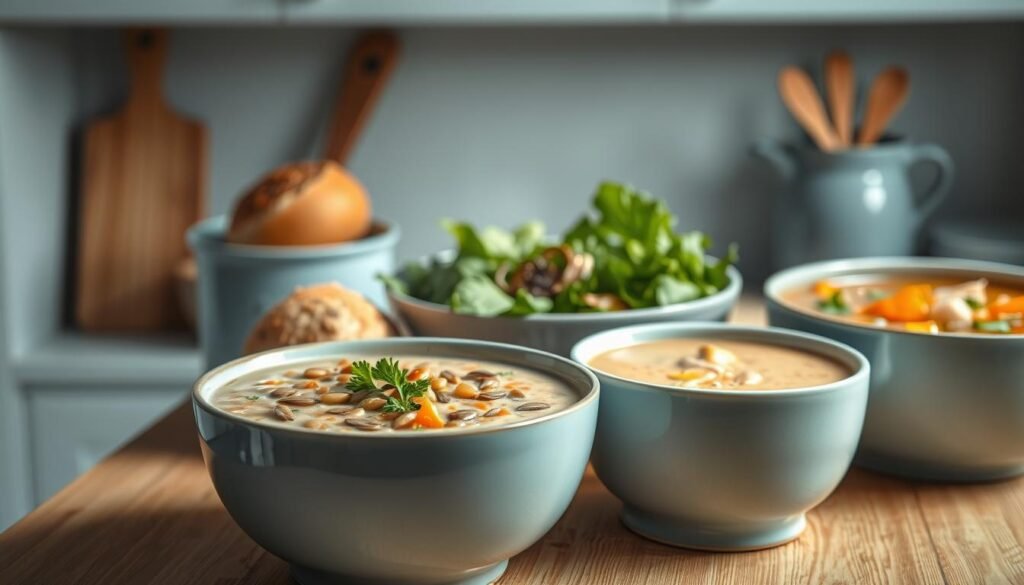 A cozy, minimalist kitchen with light blue accents sets the stage for a delectable display of protein-packed soups. In the foreground, a steaming bowl of creamy lentil soup, garnished with toasted pumpkin seeds and a sprinkle of parsley, beckons. Beside it, a hearty chicken and vegetable soup simmers, its rich broth infused with aromatic herbs. In the middle ground, a selection of crusty bread rolls and crisp, fresh salad greens complements the soups, creating a visually balanced and nutritious composition. The warm, natural wooden textures of the kitchen surfaces and the soft, indirect lighting contribute to a cozy, inviting atmosphere, perfectly suited for a nourishing, energy-boosting cold-weather meal.