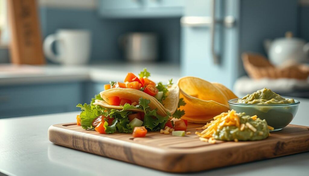 A cozy, minimalist kitchen with light blue accents sets the stage for a delightful cold lunch. On a simple wooden cutting board, a stack of soft, warm taco shells rests alongside freshly chopped ingredients: crisp lettuce, juicy tomatoes, and tangy shredded cheddar. A side of cool, creamy guacamole completes the scene, glistening under the soft, diffused light. The tightly framed composition emphasizes the textures and colors, creating an appetizing and inviting display of a delicious office-friendly meal.