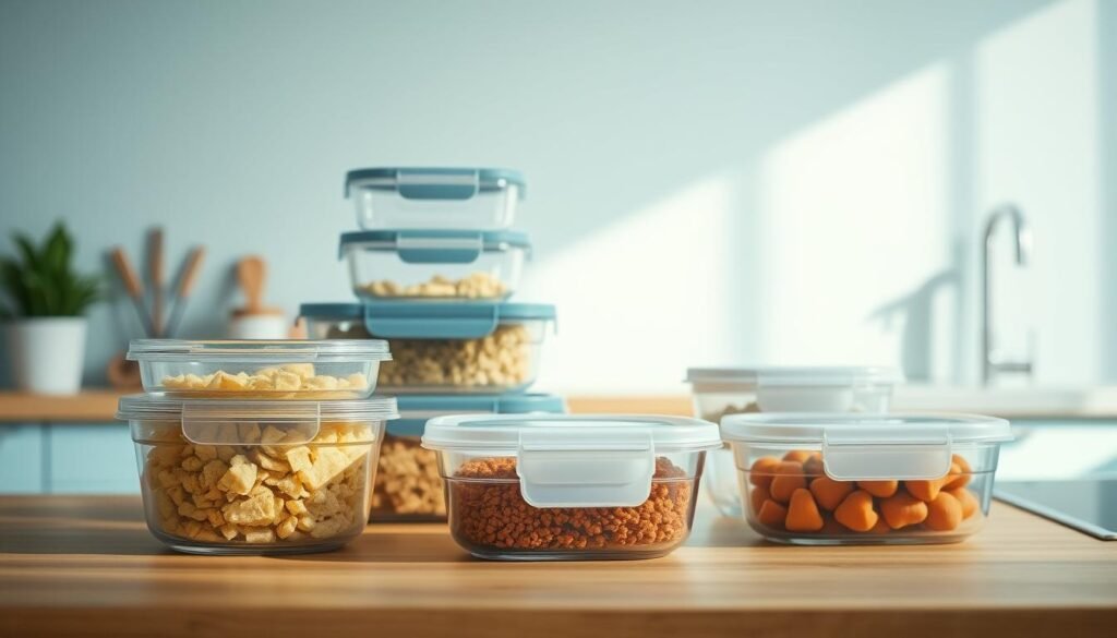 A cozy, minimalist kitchen with light blue accents showcases a range of meal storage solutions. Sleek glass containers, stackable plastic boxes, and reusable silicone lids sit neatly on a wooden kitchen counter, bathed in soft, diffused lighting. The scene conveys a sense of organization and efficiency, perfect for meal prep and food hygiene. The camera captures the setup from a low angle, emphasizing the clean lines and thoughtful design of the storage options.