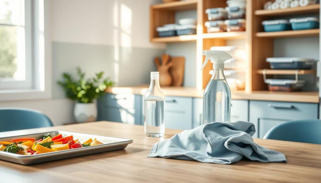 A cozy, minimalist kitchen with light blue accents showcases a variety of easy clean-up strategies. In the foreground, a sheet pan with roasted vegetables sits next to a set of reusable silicone baking mats, highlighting the convenience of no-mess cooking. In the middle ground, a glass container filled with a plant-based cleaning solution and a microfiber cloth suggest simple, eco-friendly cleaning methods. The background features sleek wooden cabinetry and shelves displaying neatly organized meal prep containers, emphasizing the importance of streamlined kitchen organization for efficient cleanup. Soft, natural lighting casts a warm glow, creating a calming atmosphere for stress-free meal preparation and cleanup.