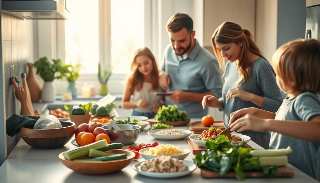 A cozy, minimalist kitchen with light wood accents and a soft blue palette. On the countertop, a variety of fresh ingredients - vegetables, herbs, whole grains, and lean proteins - await preparation. Warm, natural lighting floods the scene, casting a gentle glow over the scene. The focus is on a family working together, each member customizing their portion of the shared meal, tailoring flavors and textures to individual preferences. Hands carefully chop, mix, and assemble, while faces reflect the care and intention behind the culinary process. The atmosphere is one of comfort, connection, and healthy, attentive nourishment.