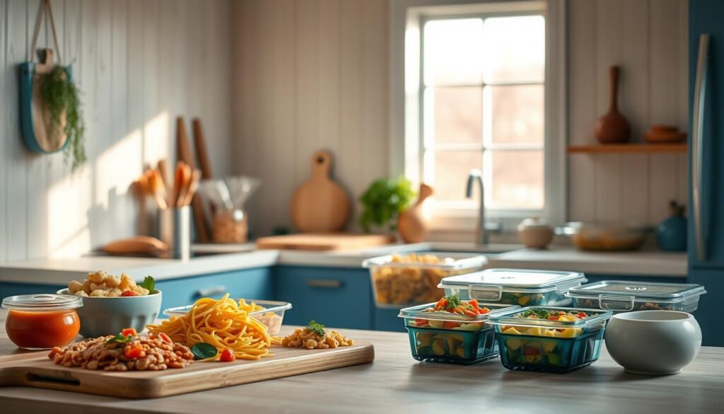 A cozy, minimalist kitchen with light wooden textures and blue accents showcases an array of creative pasta meal prep ideas. A variety of pasta shapes, vibrant sauces, and colorful vegetables are artfully arranged on wooden cutting boards and in glass meal prep containers. Soft, directional lighting casts a warm glow, highlighting the textures and colors. The scene conveys a sense of organization, efficiency, and culinary inspiration - a perfect complement to the "Office Meal Prep Pasta Dishes That Reheat Well" article.