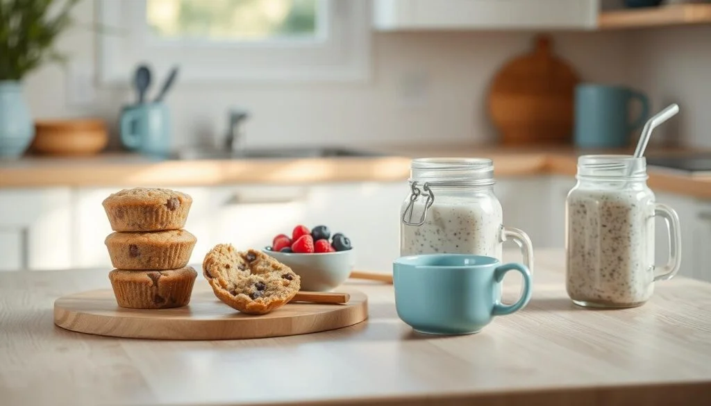 A cozy, minimalist kitchen with light wooden textures and soft blue accents. On a simple wooden table, an assortment of low-sugar breakfast grab-and-go options are artfully arranged - a stack of oat muffins, a small bowl of fresh berries, a jar of overnight oats, and a smoothie in a glass jar. Warm, natural lighting filters in through a window, casting a gentle glow across the scene. The composition emphasizes the simplicity and healthfulness of these low-sugar breakfast recipes, inviting the viewer to explore creative ways to start the day with nourishing, delicious options.