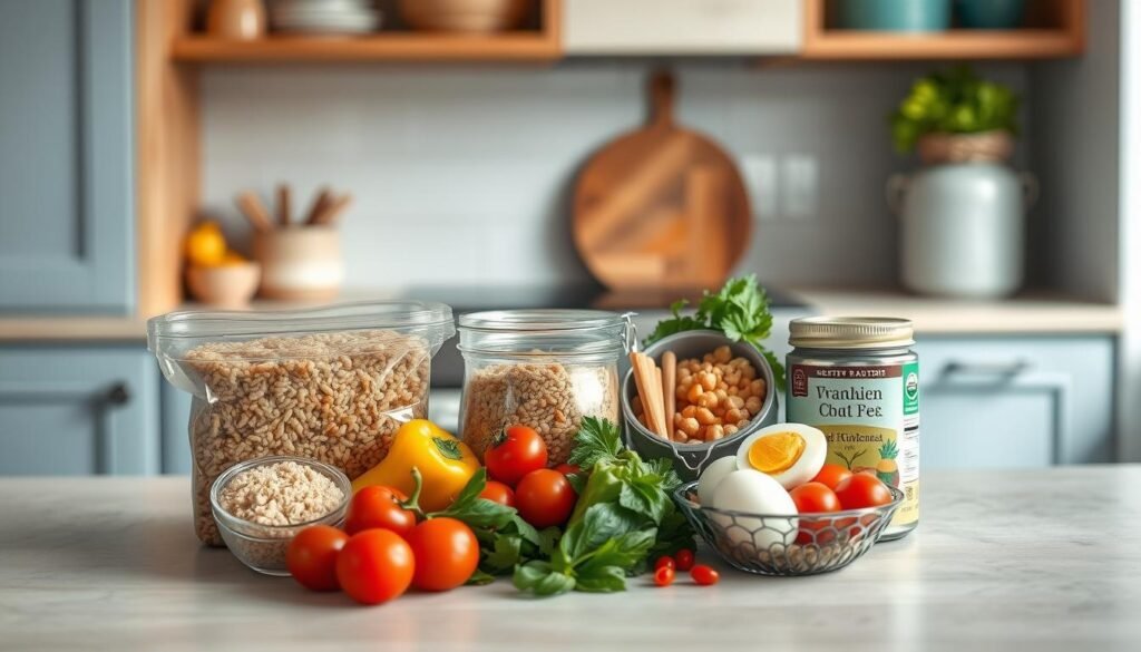A cozy, minimalist kitchen with natural wood tones and light blue accents serves as the backdrop. On the countertop, various budget-friendly meal prep components are artfully arranged - hearty grains like quinoa and brown rice, fresh vegetables like bell peppers and cherry tomatoes, lean protein sources such as canned chickpeas and hard-boiled eggs. The lighting is soft and diffused, emphasizing the simplicity and accessibility of these no-heat lunchbox meal ideas. The overall mood is inviting and approachable, encouraging the viewer to envision themselves easily assembling these nourishing, cost-effective meals.