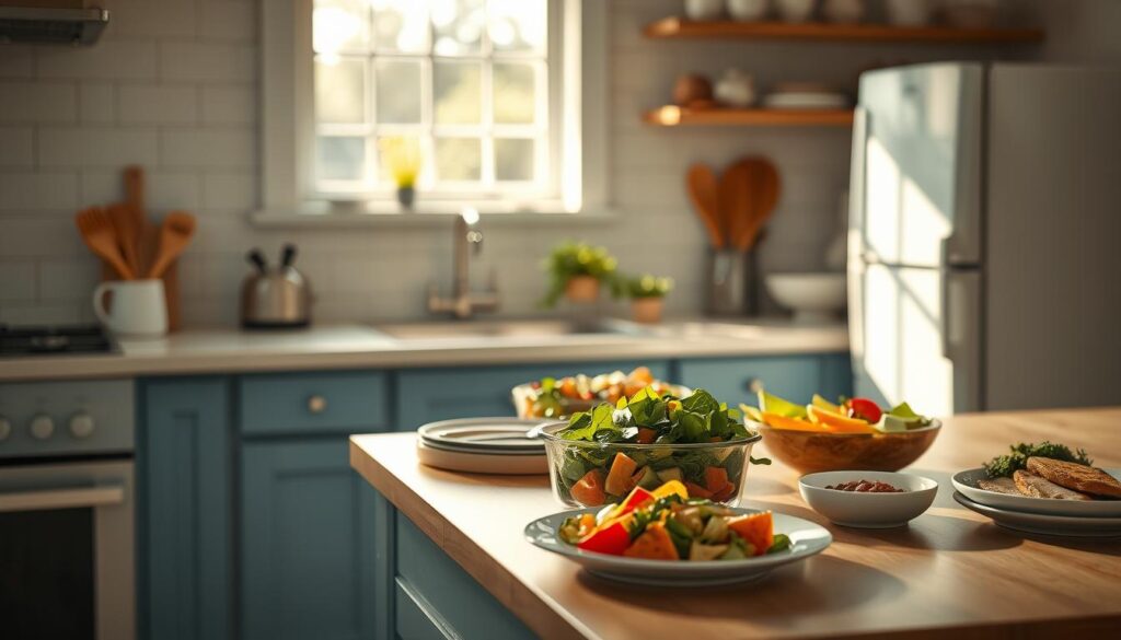 A cozy, minimalist kitchen with soft blue accents and warm, natural wood textures. On the countertop, a variety of repurposed leftovers - a savory casserole, a vibrant salad, and a selection of small plates. Gentle, directional lighting casts a subtle glow, highlighting the textures and colors. The atmosphere is one of thoughtful simplicity, where every ingredient is utilized with care and creativity. The scene conveys the joy of transforming humble leftovers into nourishing, visually appealing meals.