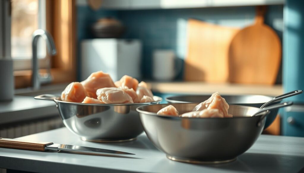 A cozy, minimalist kitchen with soft blue accents and warm wooden textures. On the counter, a stainless steel bowl filled with raw chicken pieces, their skin glistening as if freshly washed. Nearby, a chef's knife and a large skillet await, the scene bathed in natural light filtering through a nearby window. The focus is on the preparation of the chicken, the velveting technique about to be demonstrated - a crucial step in creating the perfect office meal prep stir fry.
